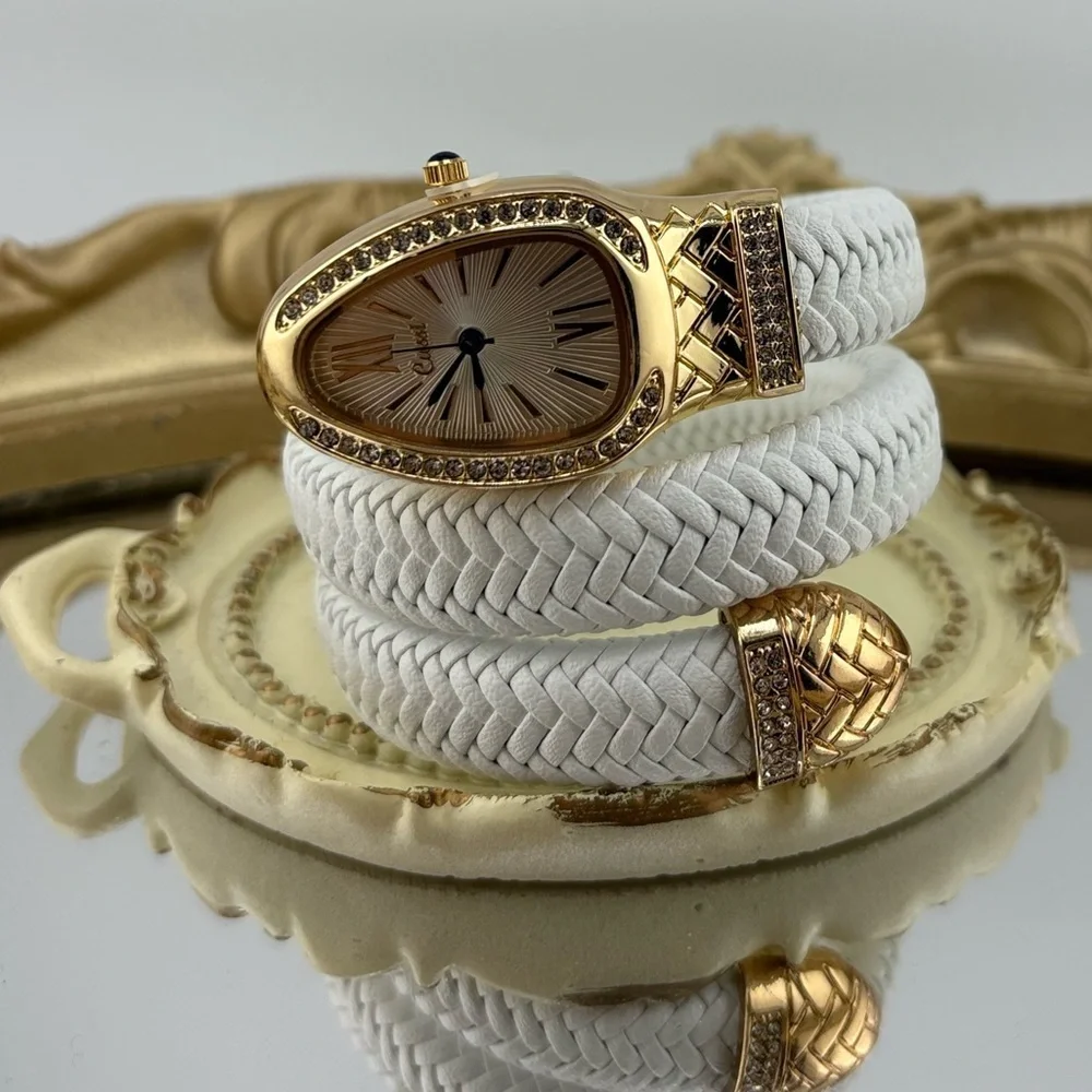 Serpenti Style Wrap Watch – White Faux Leather | Gold Tone | White Dial